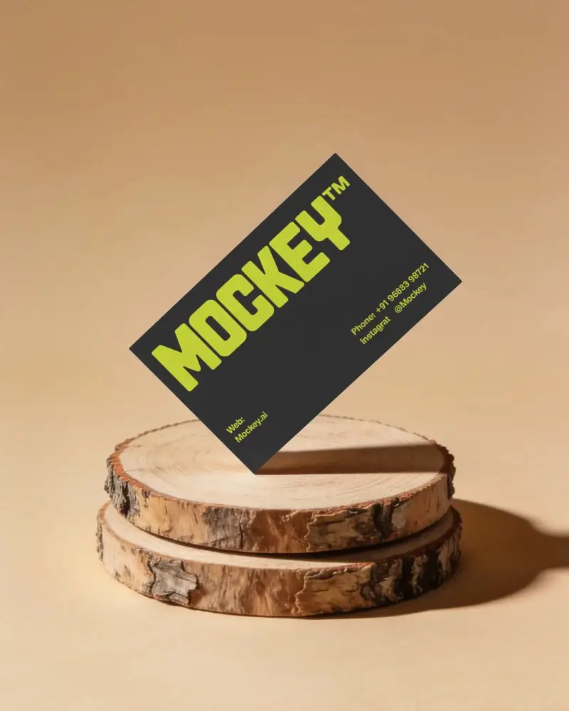 Minimalistic Floating Business Card Mockup On Natural Wood Slices Clean Background