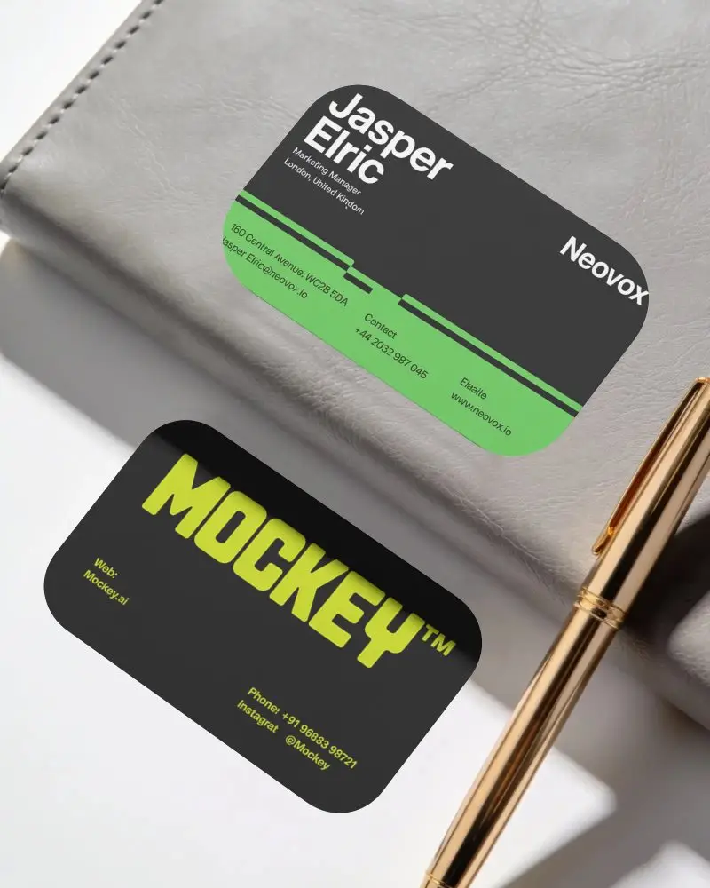 Premium Business Card Mockup With Rounded Corners Next To Leather Notebook And Stylish Pen