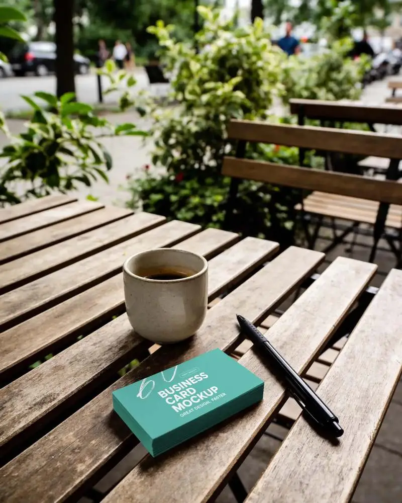 Clean Business Card Mockup Pen And Coffee Cup On Wood Table With Garden Background