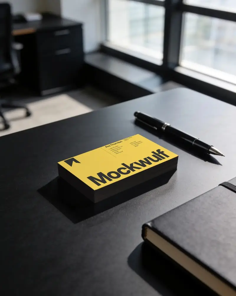High Quality Business Card Mockup On Dark Office Desk Next To Pen And Closed Notebook