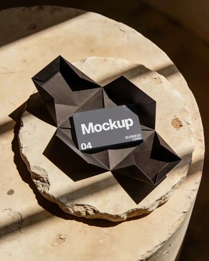 Premium Minimalist Business Card Mockup In Origami Style Container On Textured Surface