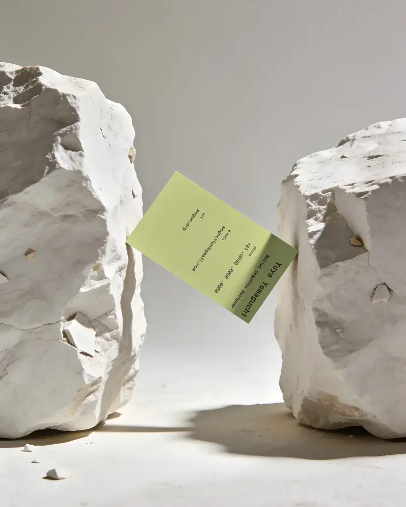 Floating Business Card Mockup Between Natural Rocks With Soft Shadow And Minimalist Background