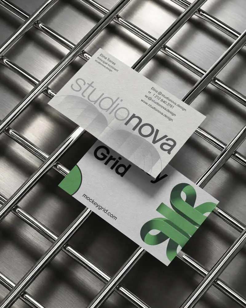 Sleek Industrial Business Card Mockup On Metal Grid Background For Modern Branding