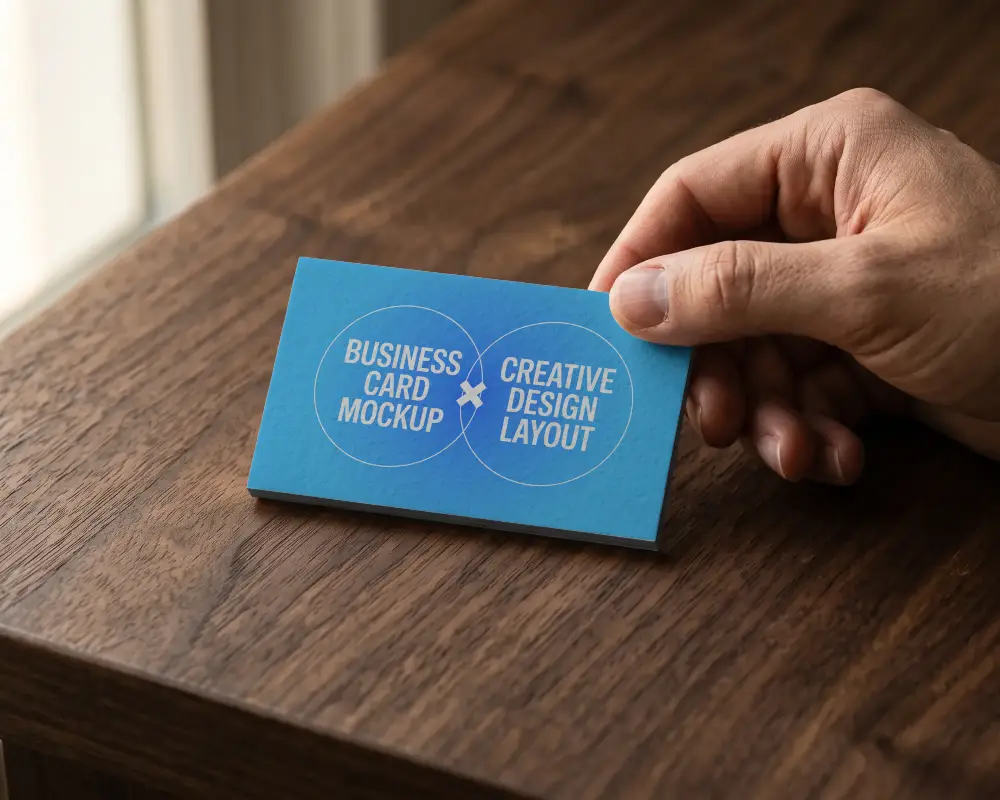 Realistic Business Card Mockup In Hand On Natural Wood Table Background