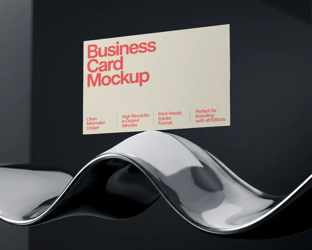 Sleek Minimalist Business Card Mockup On Curved Metal Stand For Professional Showcase