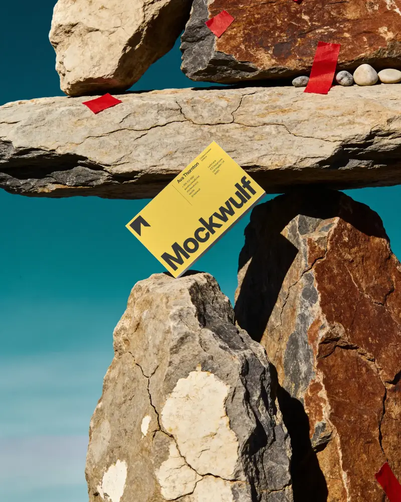 Blank Business Card Mockup Displaying Clean Design On Balancing Rocks Background