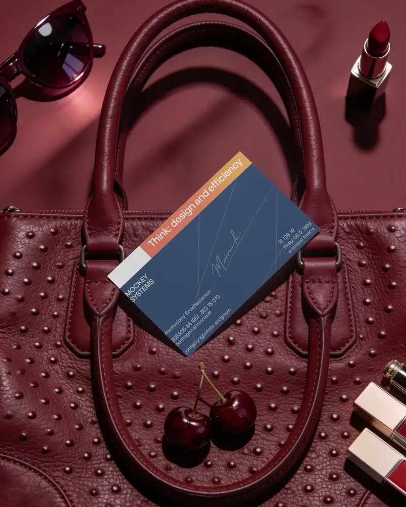 Stylish Fashion Accessory Business Card Mockup On Leather Purse Background Showcase