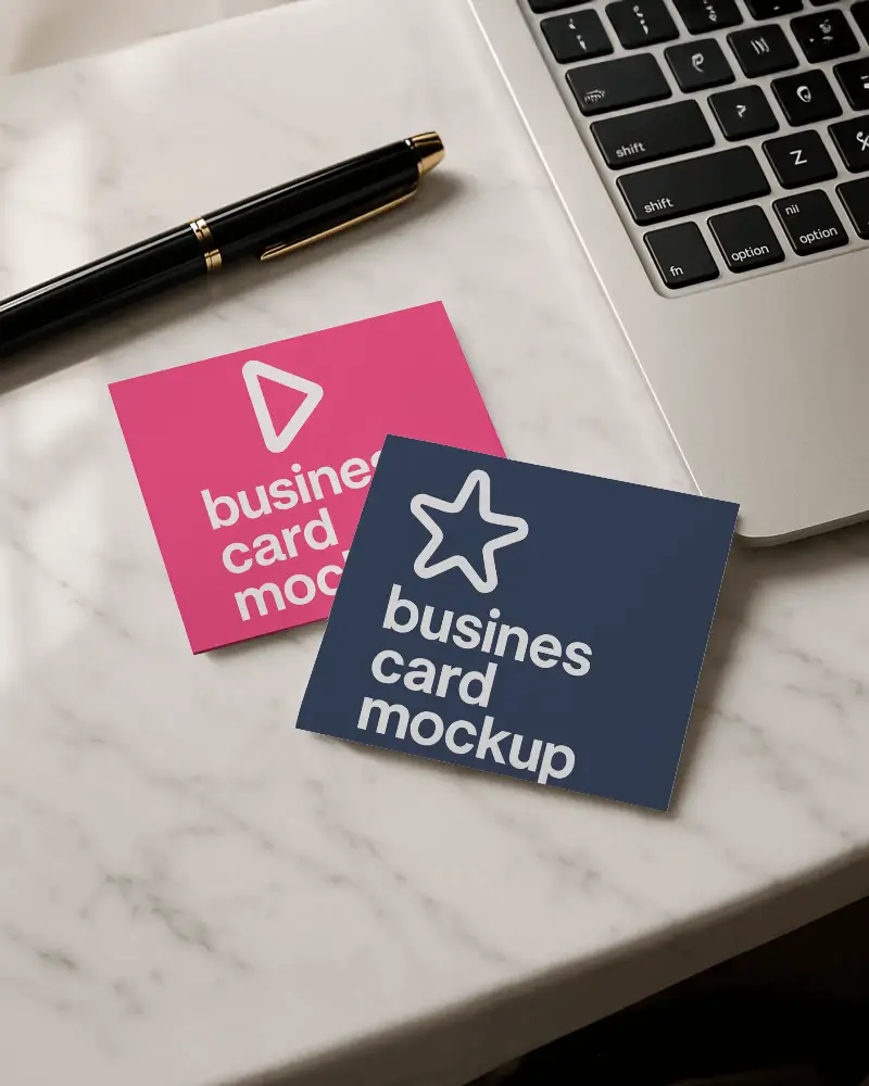 Business Card Mockup On Marble Desk With Laptop And Pen Professional And Luxury Office Brand Presentation
