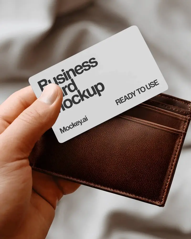 person-presenting-business-card-above-leather-wallet-solid-background-mockup
