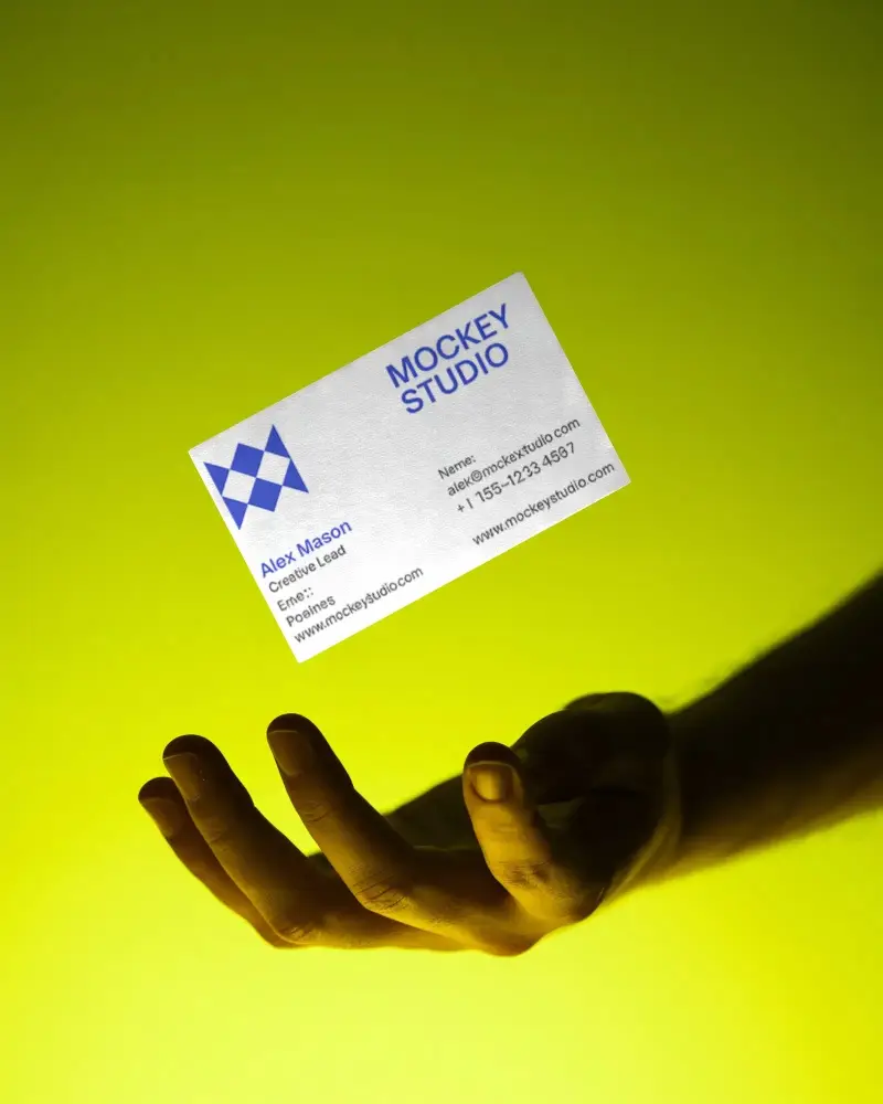 Realistic Floating Business Card Mockup With Natural Hand And Soft Background Light
