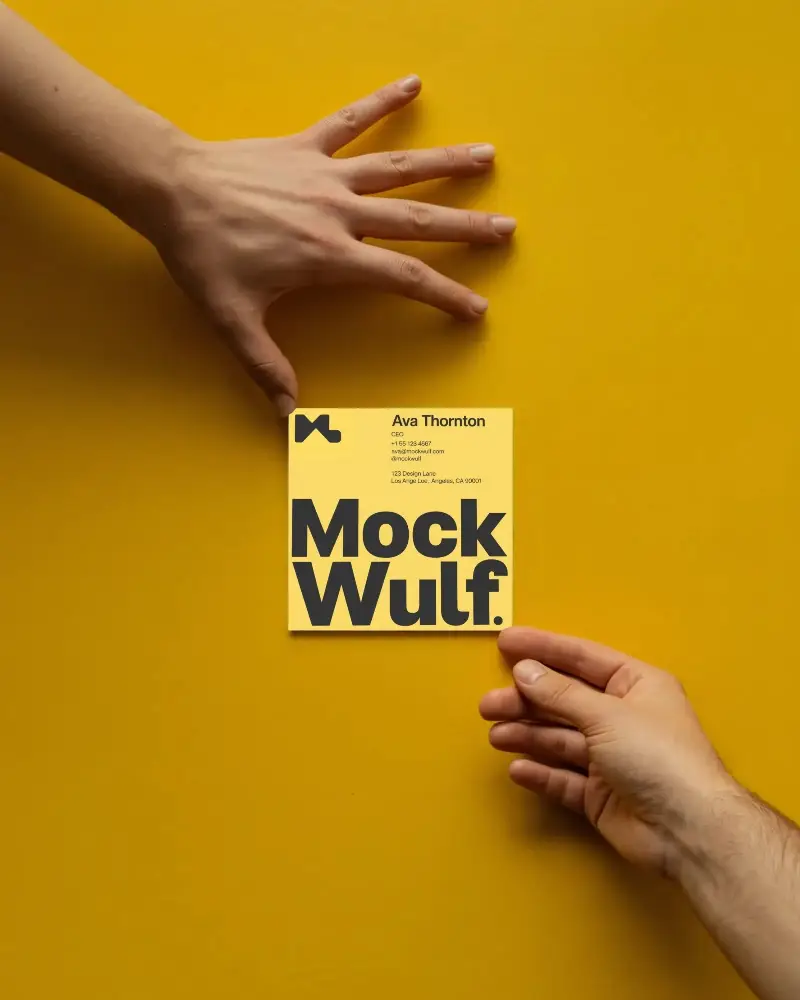 Business Card Mockup With Human Hands Minimalist Square Design On Solid Background