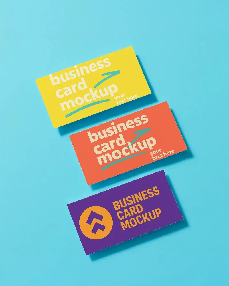 Modern Trio Business Card Mockup Vibrant Blue Background With Bold Typography Closeup