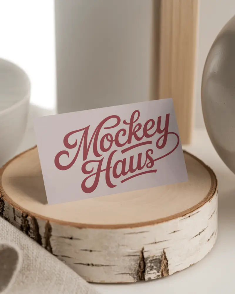 Modern Minimalist Business Card Mockup On Natural Wood Slab With Neutral Background Elements