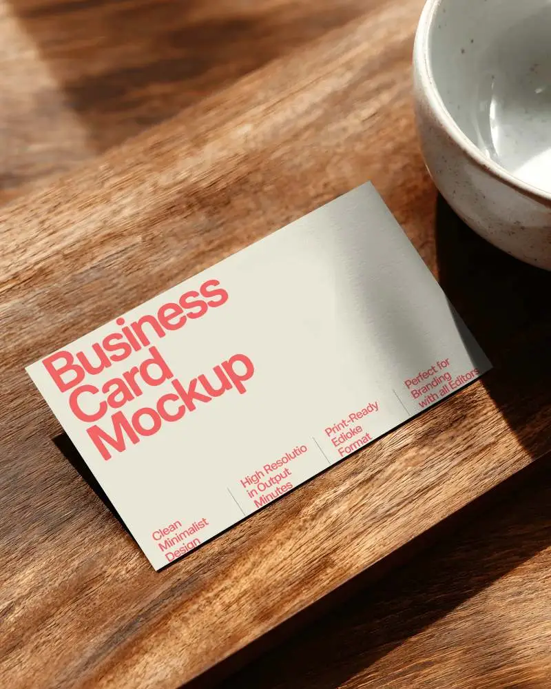 Elegant Horizontal Business Card Mockup With Ceramic Accessory On Textured Wooden Table