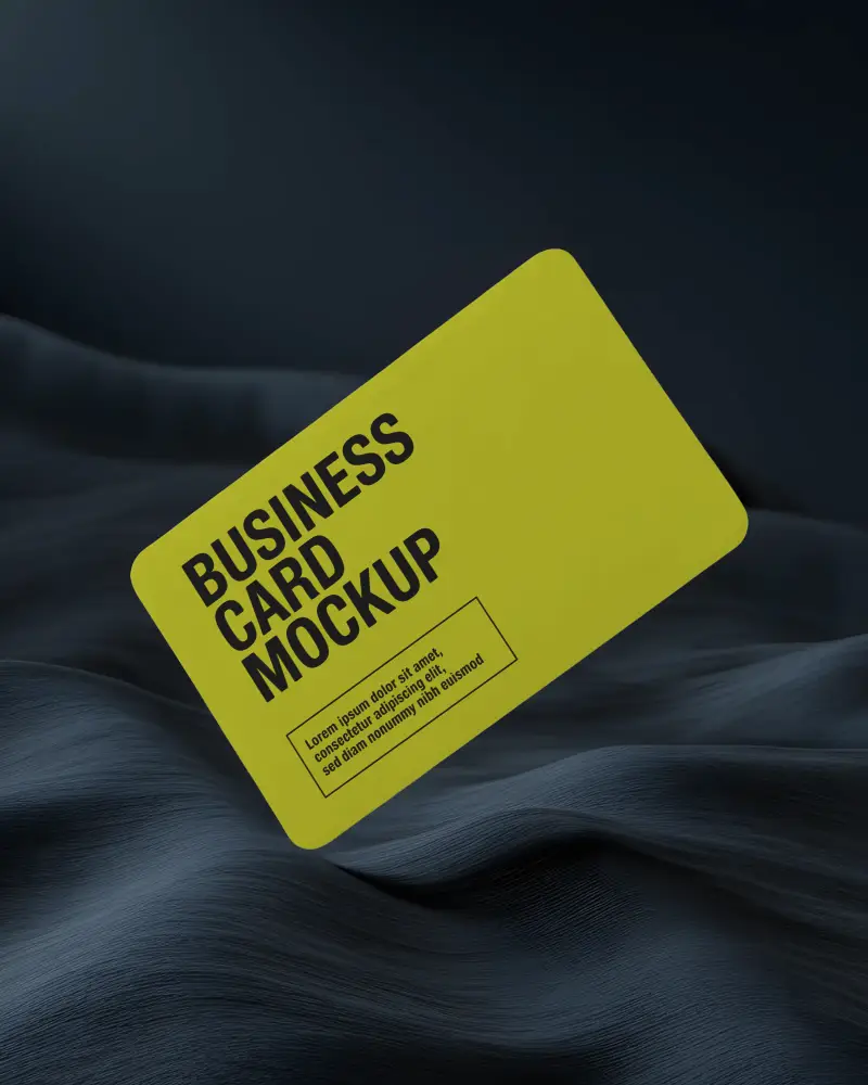 Floating Rounded Business Card Mockup Dark Blue Wavy Fabric Background Modern Style