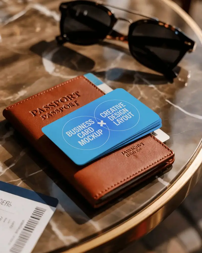 Realistic Business Card Mockup Stacked On Passport With Sunglasses And Ticket