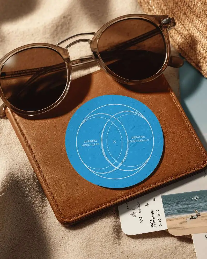 Premium Circal Business Card Placed On Leather Wallet With Summer Accessories Layout