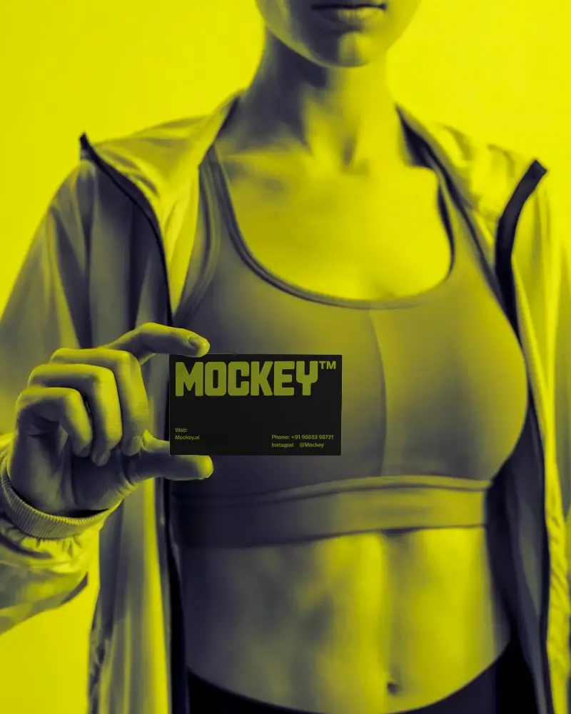 Fitness Apparel Model Holding Business Card Mockup Ready For Branding Use
