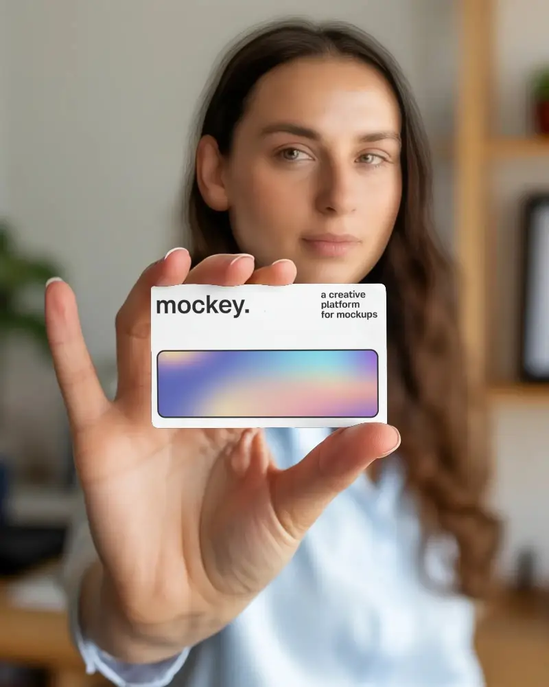 Woman Showing Blank Business Card Mockup For Custom Branding And Personalized Design Display