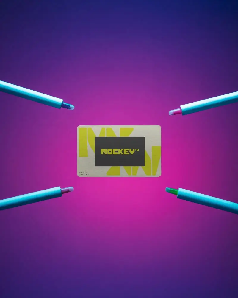 Professional Blank Business Card Mockup Surrounded By Markers On Gradient Background