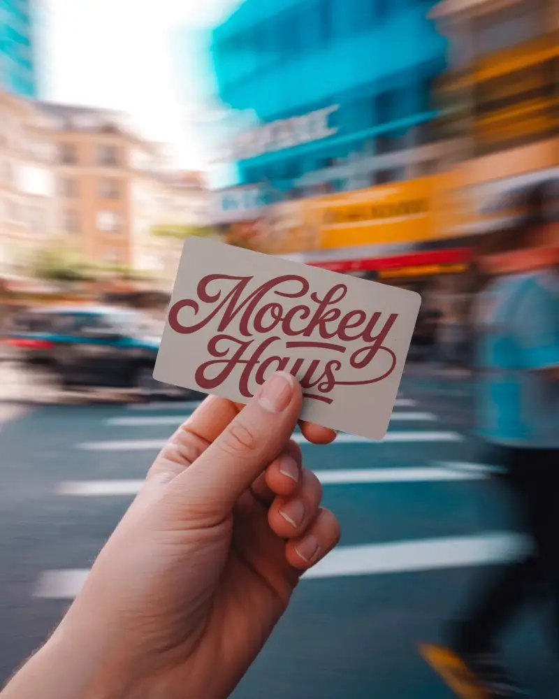 Hand Holding Blank Business Card Mockup Outdoor With Urban Background For Branding Showcase