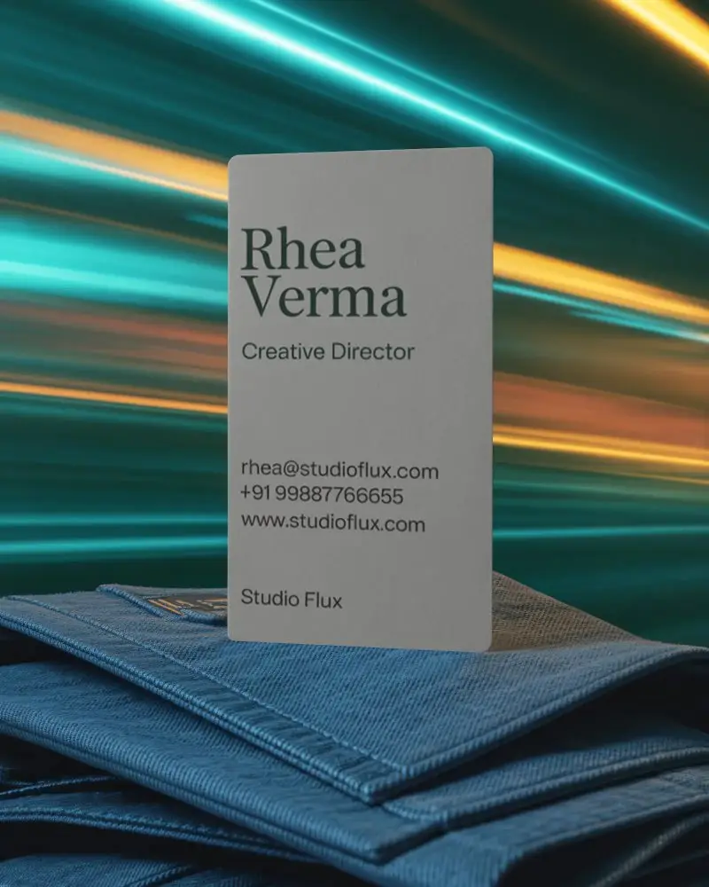 Sleek Vertical Business Card Mockup On Denim Background With Dynamic Light Trail Effect