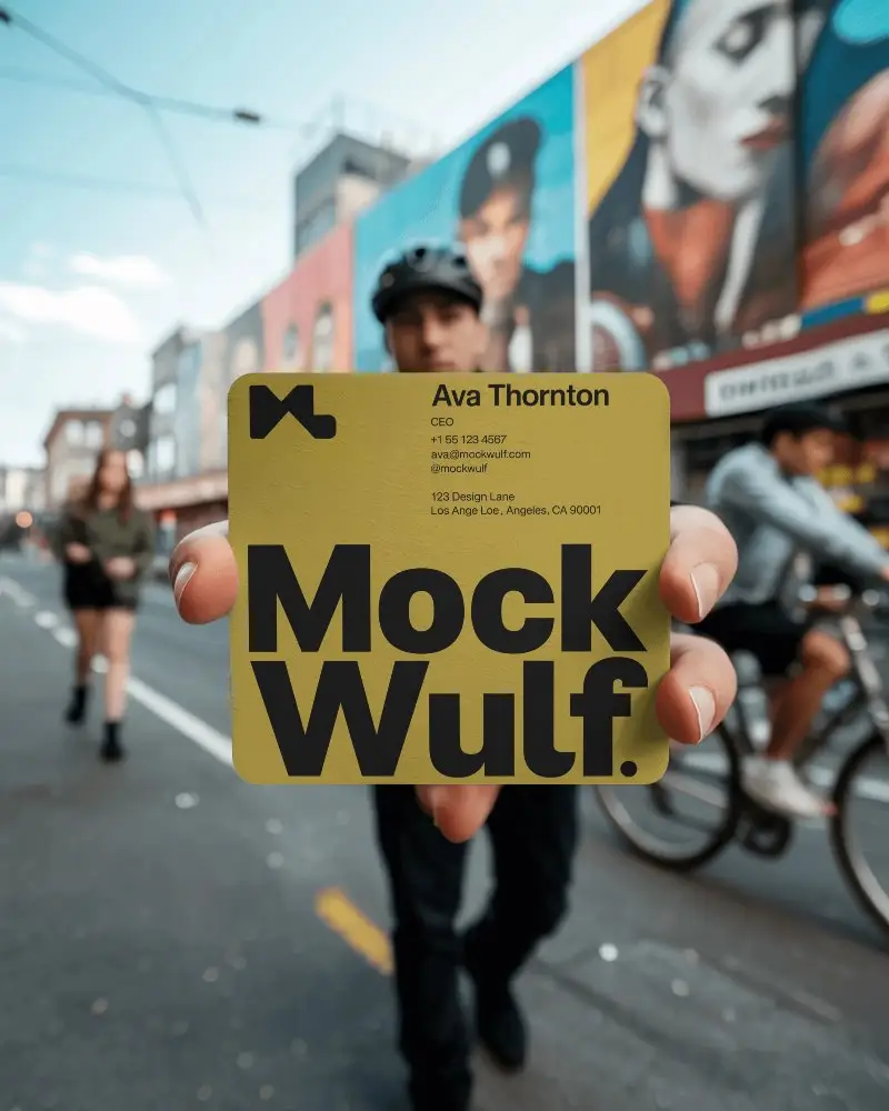 Man Holding Black Square Business Card Mockup On City Street Background