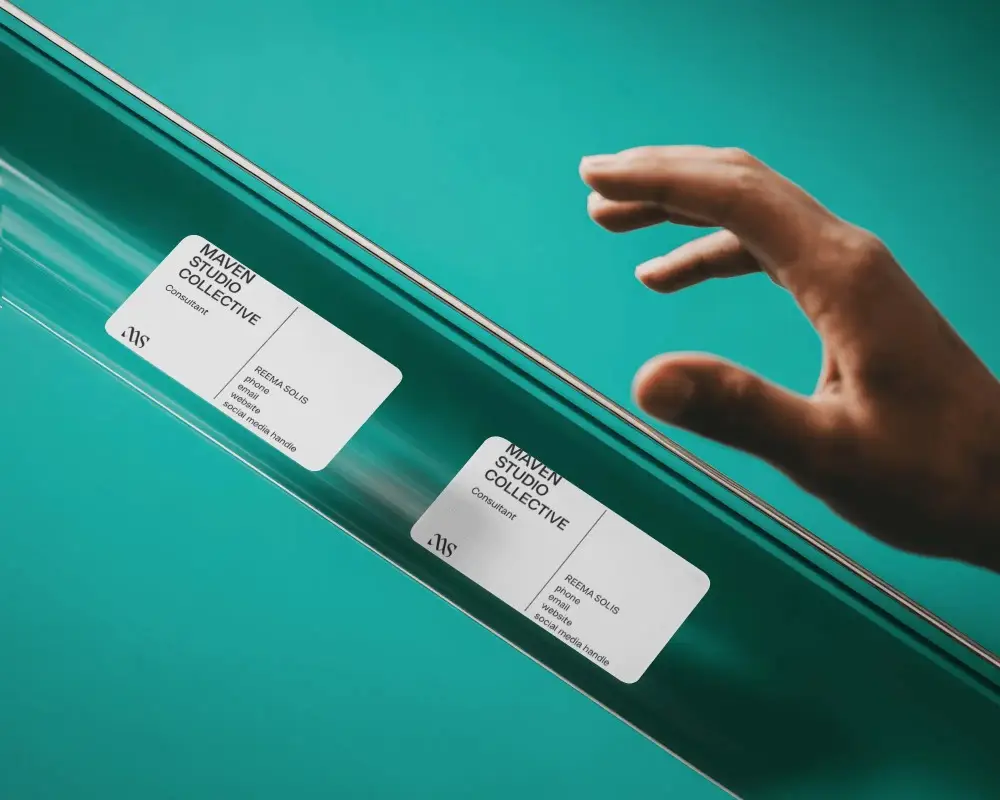 Modern Minimalist Business Card Mockup On Transparent Tube With Hand Grabbing