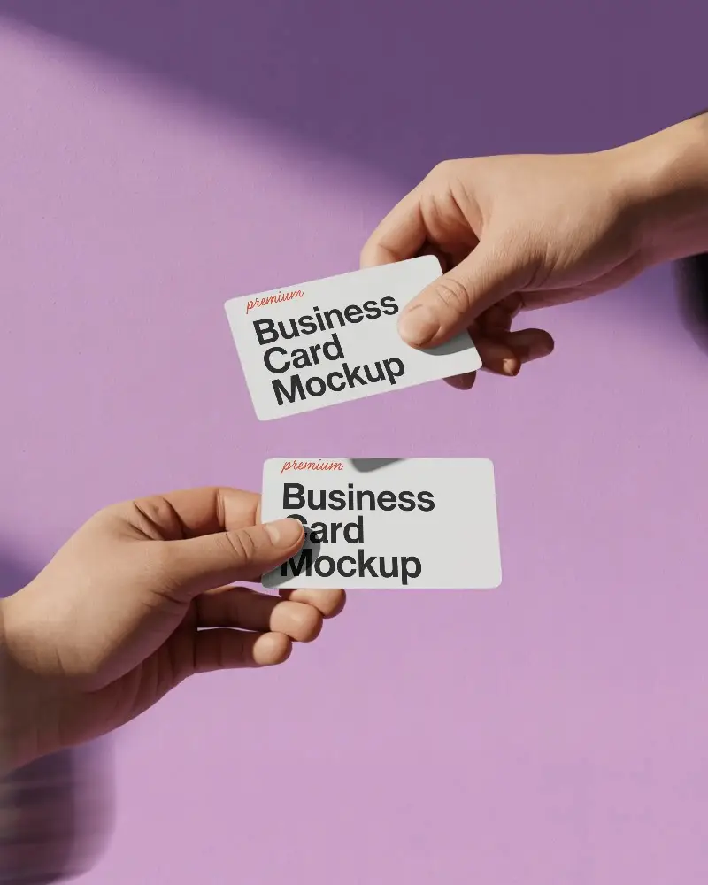 Professional Business Card Mockup Showing Two Hands Exchanging Blank Cards On Vibrant Background