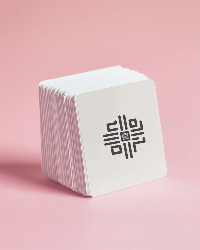 Corporate Round Edged Business Card Mockup On Pink With Monochrome Logo And Qr Code
