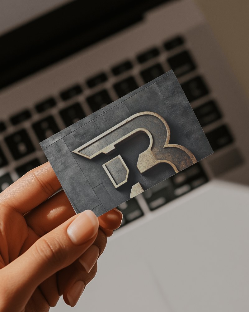 Hand Held Dark Textured Business Card Mockup With Silver Logo Over Keyboard