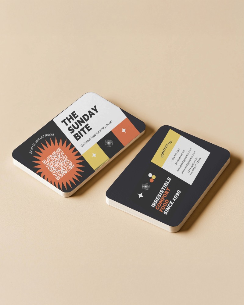 Bold Color Scheme Business Card Mockup For Food Service With Qr Code