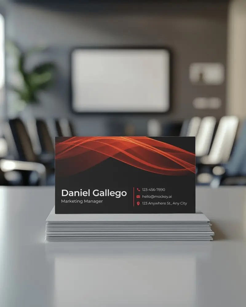 Sleek Business Card Mockup Minimalist Layout With Dynamic Red Pattern Positioned In Contemporary Office Environment