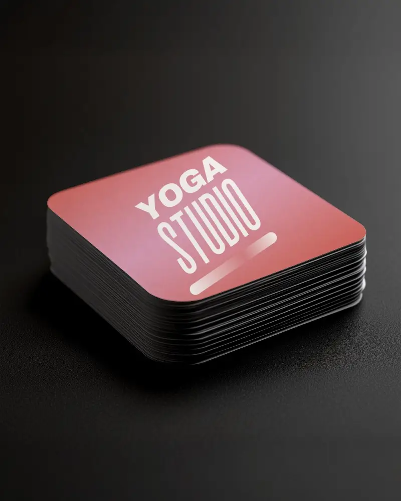 Stack Of Square Business Cards Mockup On Dark Surface