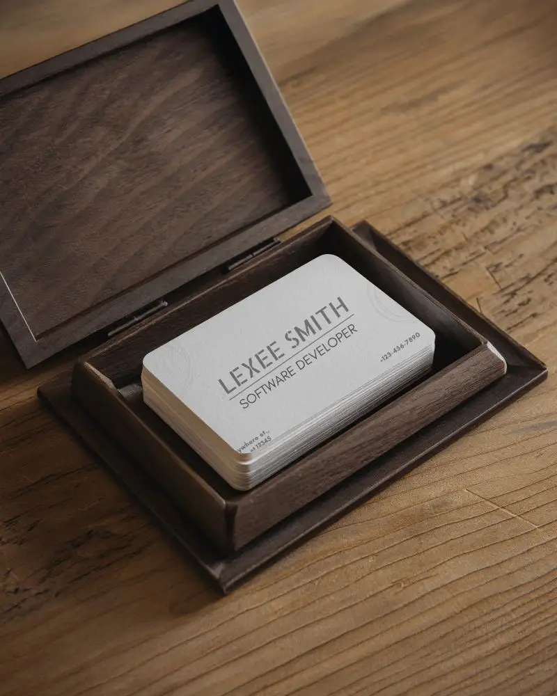 Premium Business Card Mockup In Elegant Dark Wood Box On Rustic Wooden Surface Perfect For Classy Branding