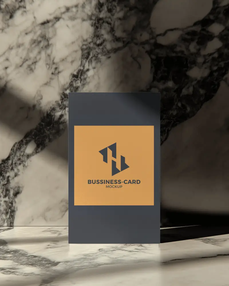 Vertical Business Card Mockup On Marble Background With Dramatic Light And Shadow