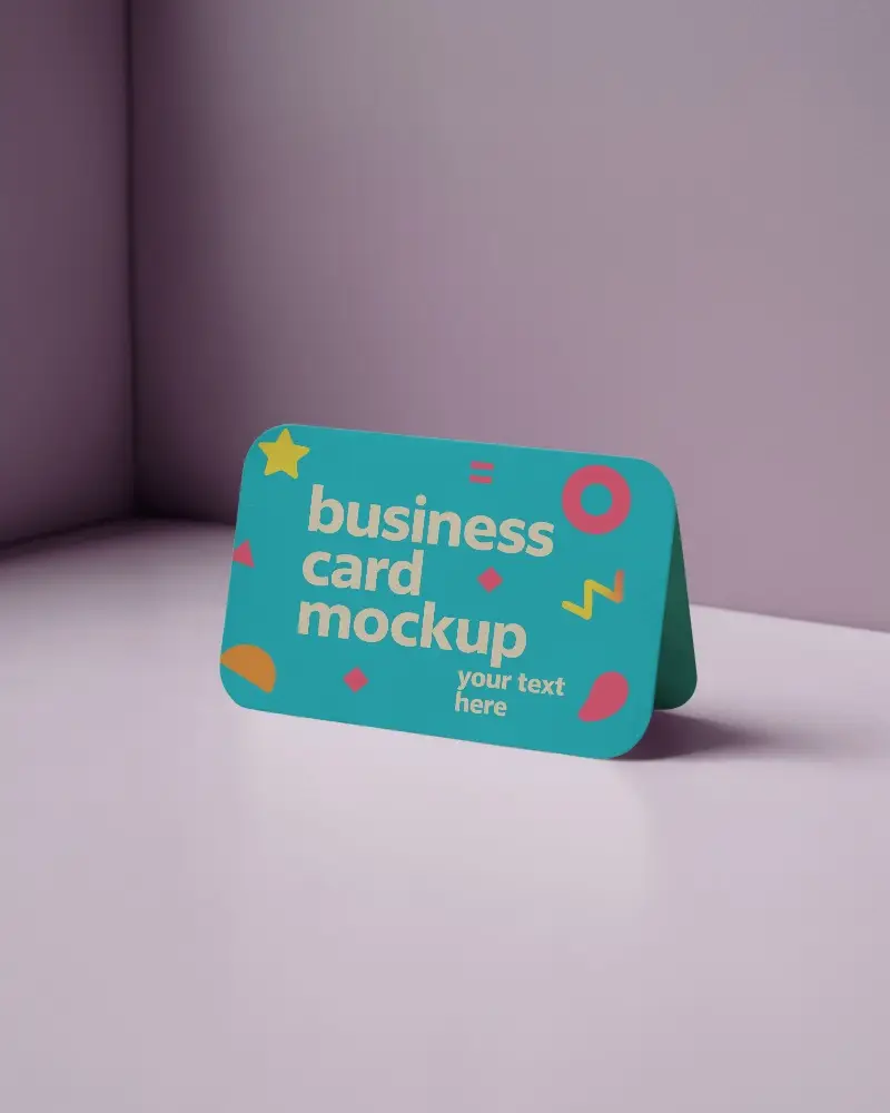 Rounded Corner Folded Business Card Mockup Standing On Pastel Purple Cornered Surface With Soft Light