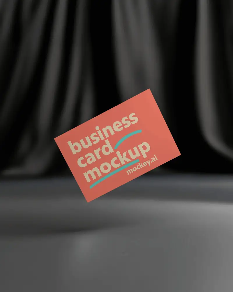 Floating Horizontal Business Card Mockup Minimal Background Elegant Dark Curtain Backdrop Suspended Card Display For Modern Branding Presentation