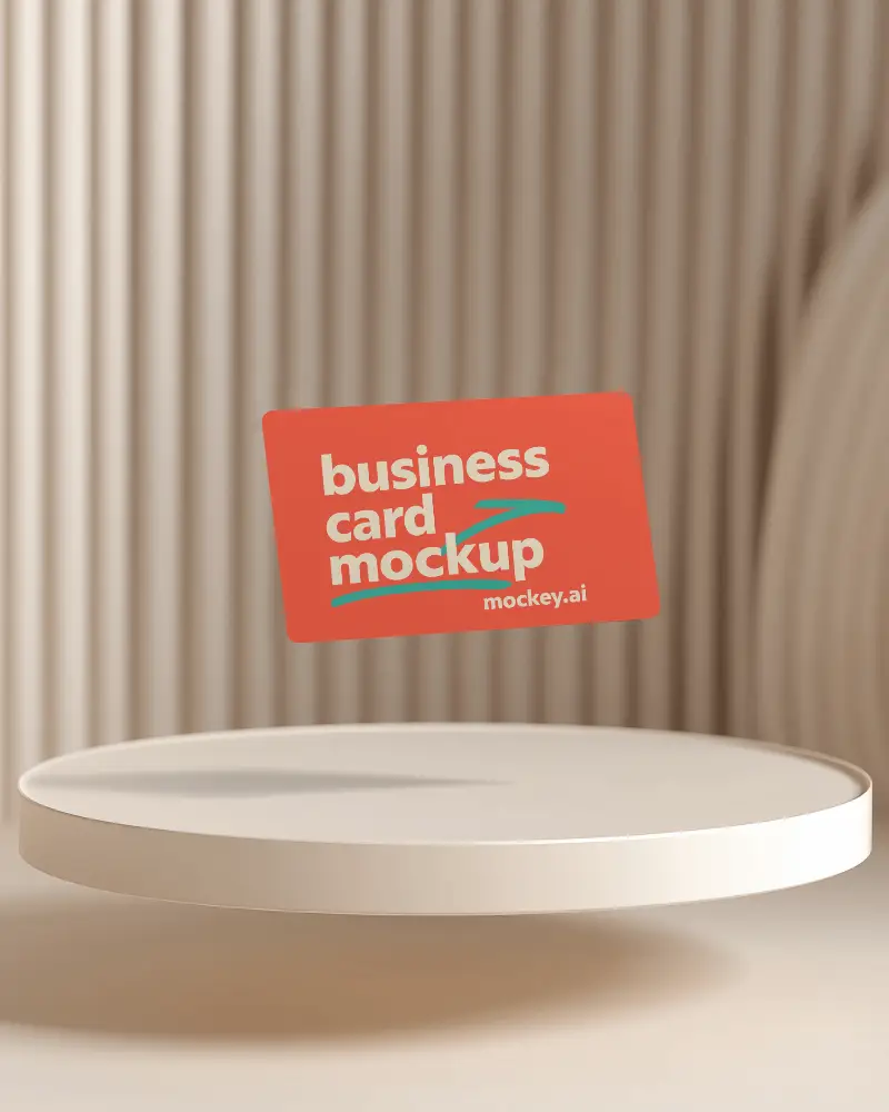 Rounded Horizontal Business Card Mockup Floating Above Minimal Podium Soft Beige Curved Backdrop