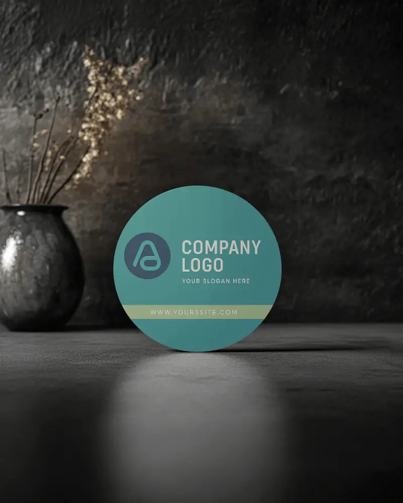 Round Business Card Mockup On Dark Concrete Surface With Rustic Vase Shadowy Backdrop Modern Minimal Branding