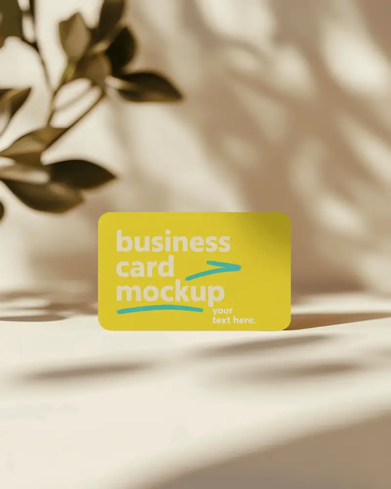 Rounded Corner Business Card Mockup Standing On Soft Surface With Sunlight And Leaf Shadows Warm Organic Setting For Clean Brand Presentation