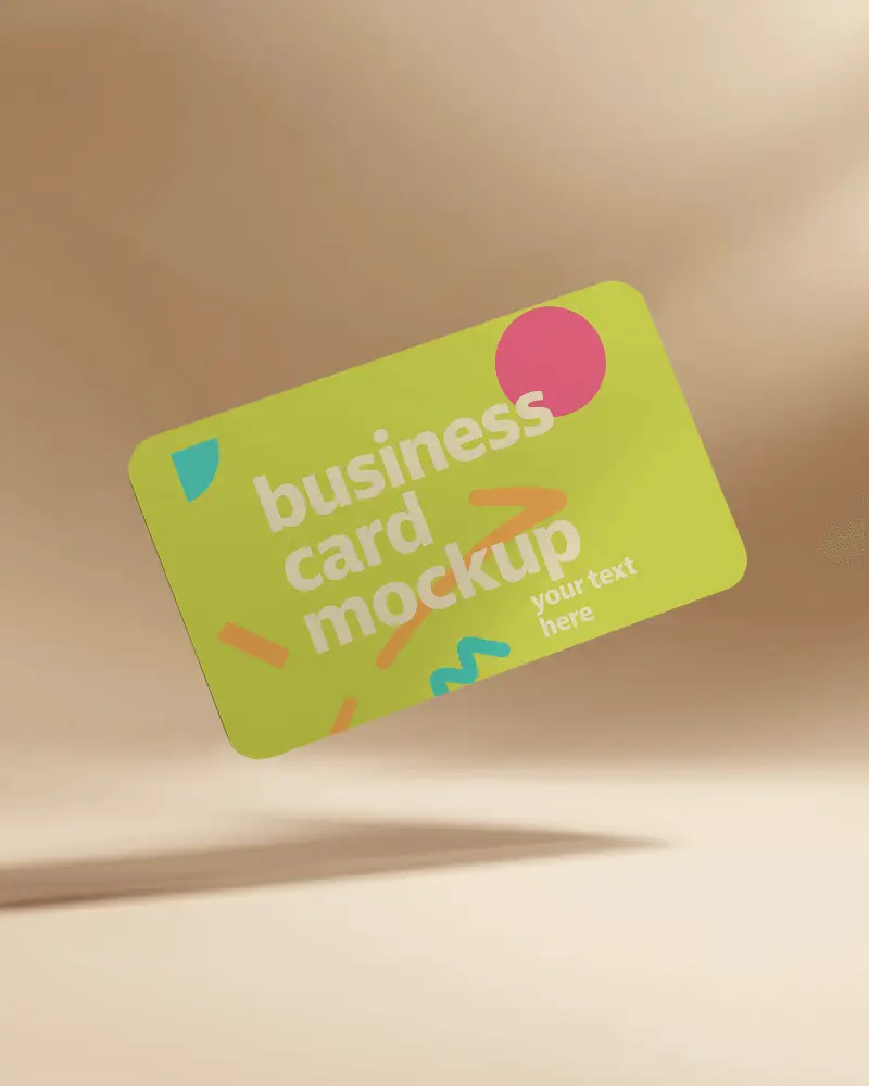 Rounded Corner Business Card Mockup Floating In Soft Beige Environment With Playful Color Elements Modern Light Background For Fun Brand Presentation