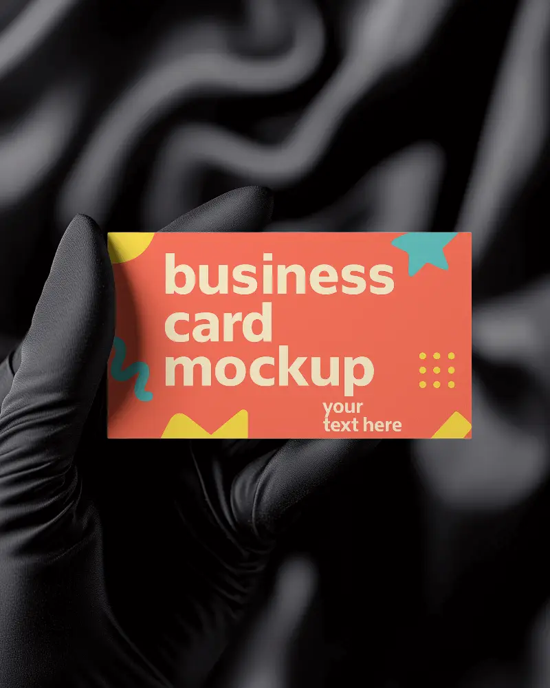 Horizontal Business Card Mockup Hand Holding In Black Gloves Against Silk Background Luxury Stylish Branding Scene With Vibrant Minimal Design Elements