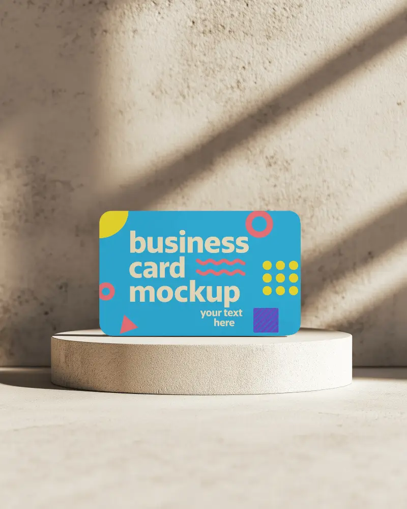 Rounded Horizontal Business Card Mockup Standing On Minimal Textured Podium Sunlit Wall Background With Organic Shadow Play Modern Vibrant Brand Presentation