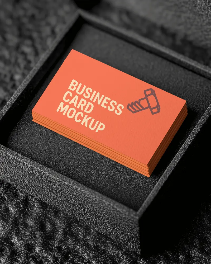 Stacked Business Card Mockup In Black Leather Box Closeup Shot On Textured Surface Premium Branding Presentation For Professional Identity Design