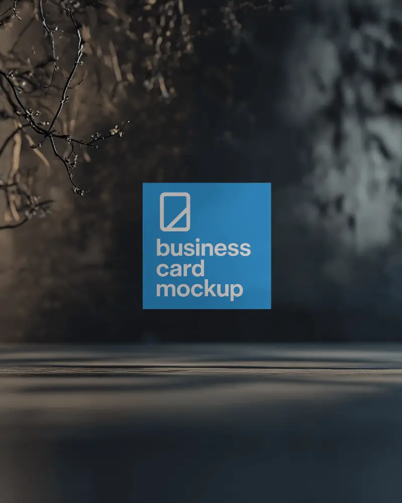 Square Business Card Mockup Floating In Lighting With Dramatic Shadows And Branches Dark Elegant Brand Identity Presentation Scene