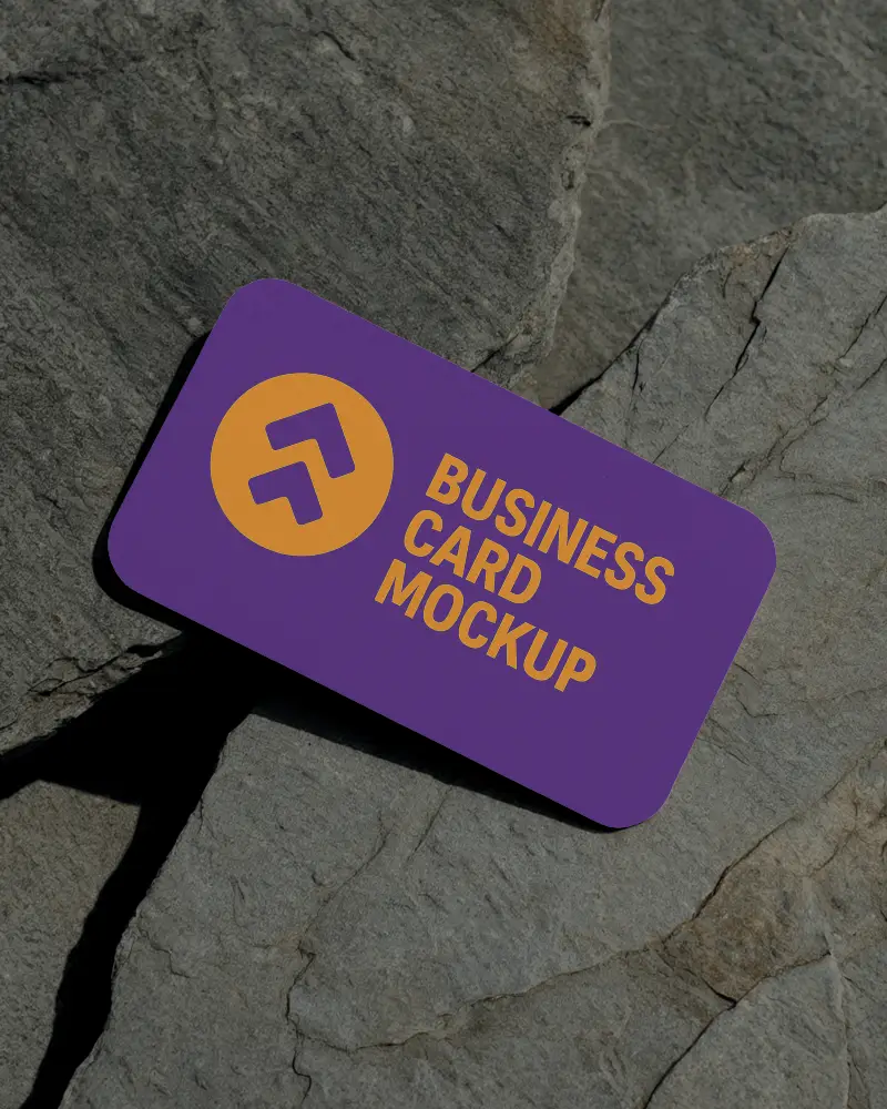 Top View Business Card Mockup Placed On Dark Slate Rocks Rugged Texture Contrast Background