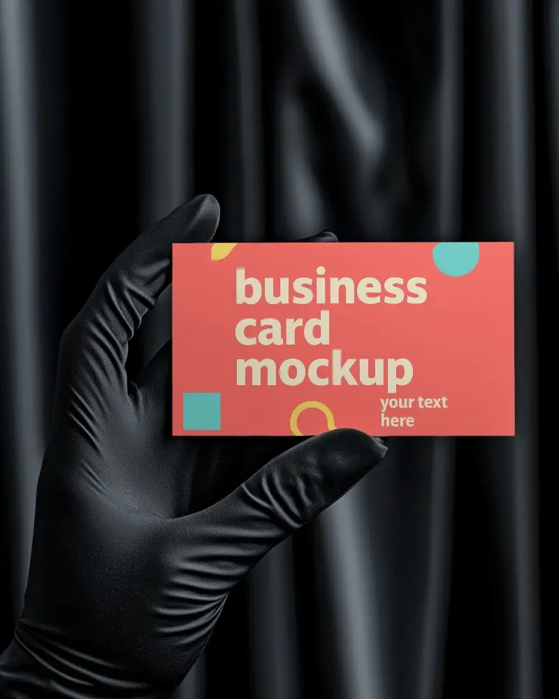 Hand Holding Business Card Mockup With Black Gloves On Luxury Charcoal Curtain Background Premium Vibe