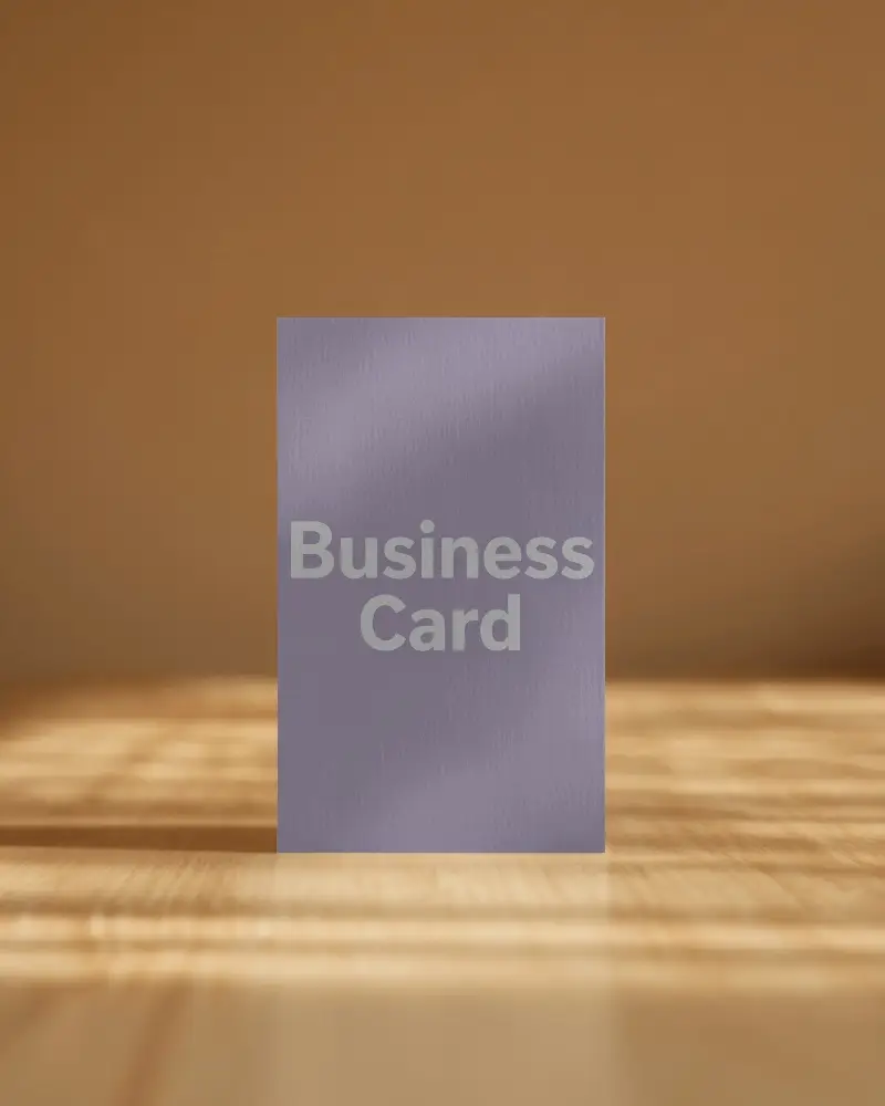 Warm Toned Business Card Mockup Vertical Position On Wood Floor With Orange Backdrop And Soft Shadow Lines