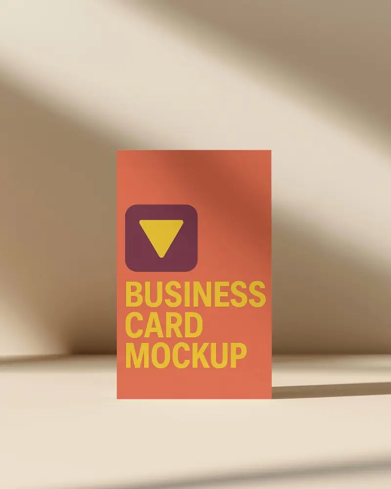 Upright Vertical Business Card Mockup Casting Shadow On Beige Surface With Angled Sunlight Effect
